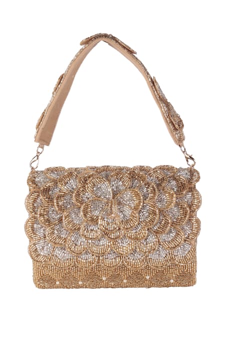 Nazaakat By Samara Singh_Gold Beads, Pearls Beaded Floral And Geometric Flap Bag _at_Aza_Fashions