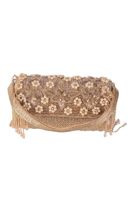 Nazaakat By Samara Singh_Beige Beads, Pearls, Tassels Floral And Embellished Flap Bag _Online_at_Aza_Fashions