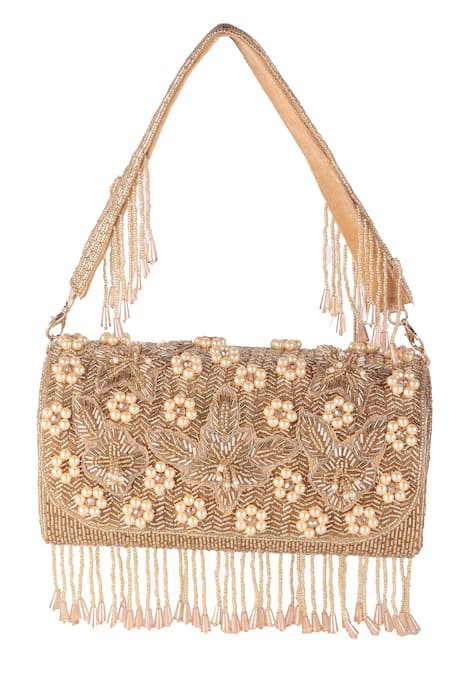 Buy_Nazaakat By Samara Singh_Beige Beads, Pearls, Tassels Floral And Embellished Flap Bag _Online_at_Aza_Fashions