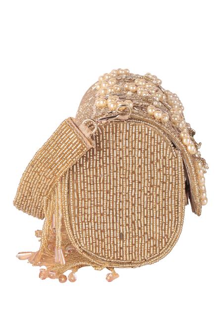 Shop_Nazaakat By Samara Singh_Beige Beads, Pearls, Tassels Floral And Embellished Flap Bag _Online_at_Aza_Fashions