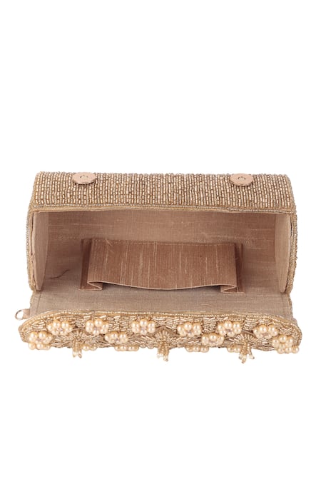 Nazaakat By Samara Singh_Beige Beads, Pearls, Tassels Floral And Embellished Flap Bag _at_Aza_Fashions