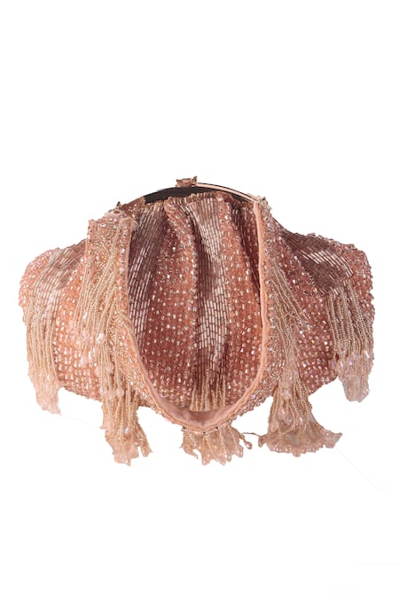 Buy_Nazaakat By Samara Singh_Peach Beads, Tassels Beaded Fringe Batua Bag With Detachable Handle _Online_at_Aza_Fashions