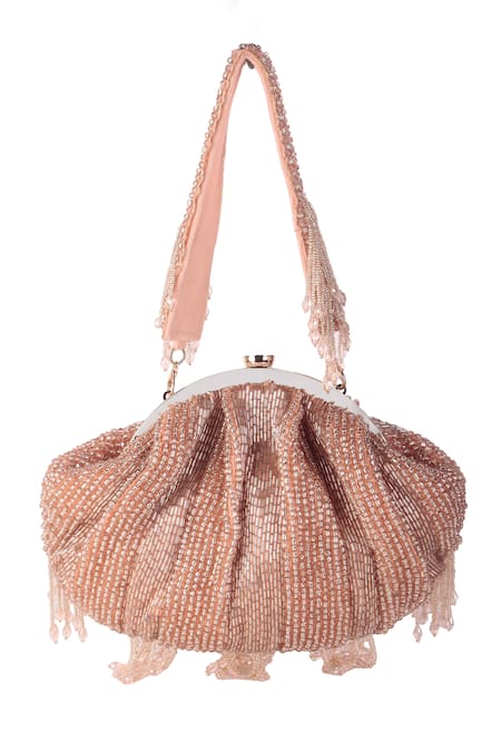 Shop_Nazaakat By Samara Singh_Peach Beads, Tassels Beaded Fringe Batua Bag With Detachable Handle _Online_at_Aza_Fashions