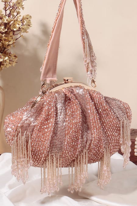 Nazaakat By Samara Singh Beaded Fringe Batua Bag with Detachable Handle 