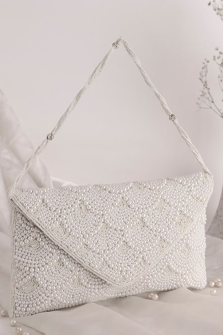 Buy_Nazaakat By Samara Singh_White Pearls, Beads Embellished Flap Bag _Online_at_Aza_Fashions