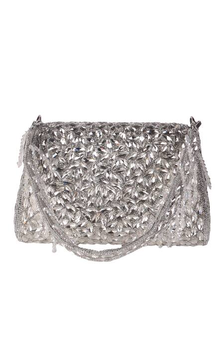 Buy_Nazaakat By Samara Singh_Gray Crystals, Beads Embellished Flap Bag With Drops _Online_at_Aza_Fashions