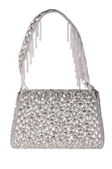 Shop_Nazaakat By Samara Singh_Gray Crystals, Beads Embellished Flap Bag With Drops _Online_at_Aza_Fashions