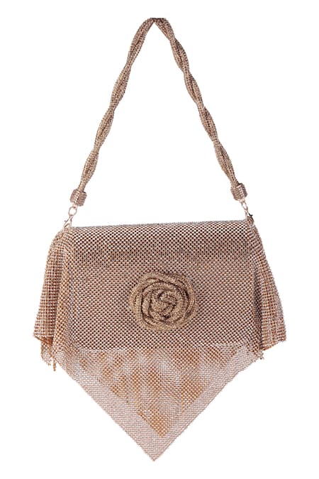 Buy_Nazaakat By Samara Singh_Peach Rhinestones, Applique Embellished Flap Bag With Rose Motif _Online_at_Aza_Fashions