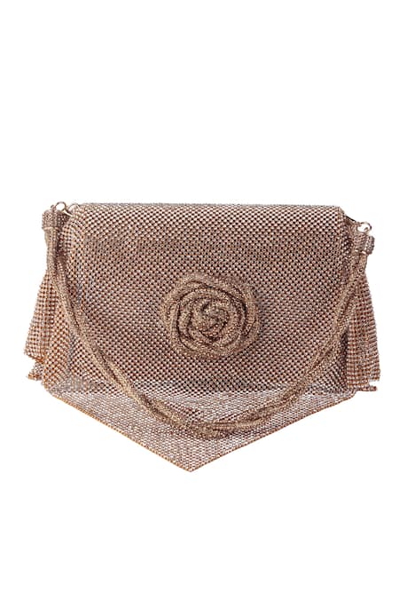 Shop_Nazaakat By Samara Singh_Peach Rhinestones, Applique Embellished Flap Bag With Rose Motif _Online_at_Aza_Fashions