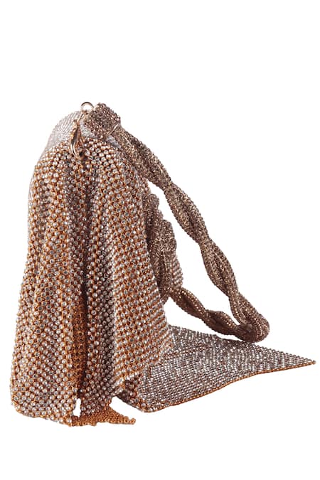 Nazaakat By Samara Singh_Peach Rhinestones, Applique Embellished Flap Bag With Rose Motif _at_Aza_Fashions