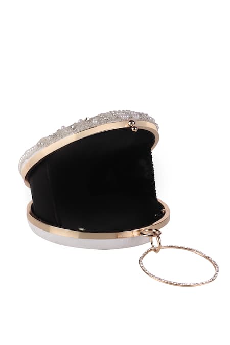 Nazaakat By Samara Singh_White Pearls, Rhinestones, Metallic Thread And Sequin Embellished Round Clutch _Online_at_Aza_Fashions