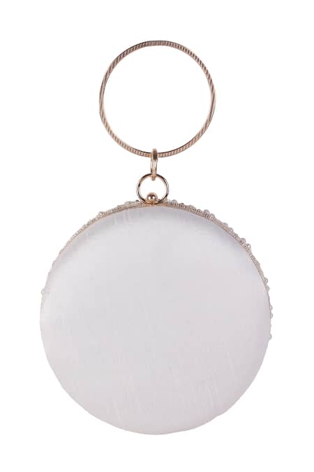 Shop_Nazaakat By Samara Singh_White Pearls, Rhinestones, Metallic Thread And Sequin Embellished Round Clutch _Online_at_Aza_Fashions
