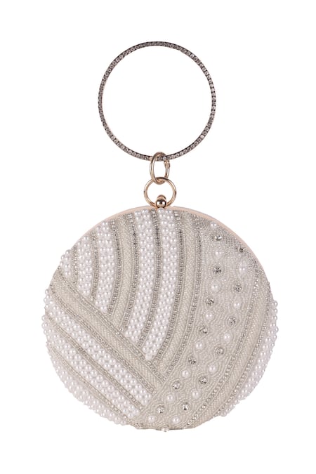 Nazaakat By Samara Singh_White Pearls, Rhinestones, Metallic Thread And Sequin Embellished Round Clutch _at_Aza_Fashions