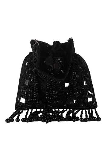 Shop_Nazaakat By Samara Singh_Black Sequins, Beads, Mirrors, Tassels Embellished And Work Potli Bag_Online_at_Aza_Fashions