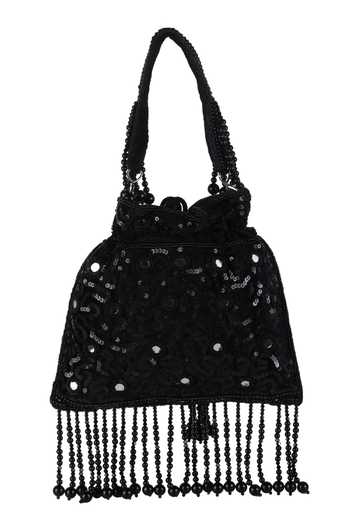 Nazaakat By Samara Singh_Black Sequins, Beads, Mirrors, Tassels Embellished And Work Potli Bag_at_Aza_Fashions