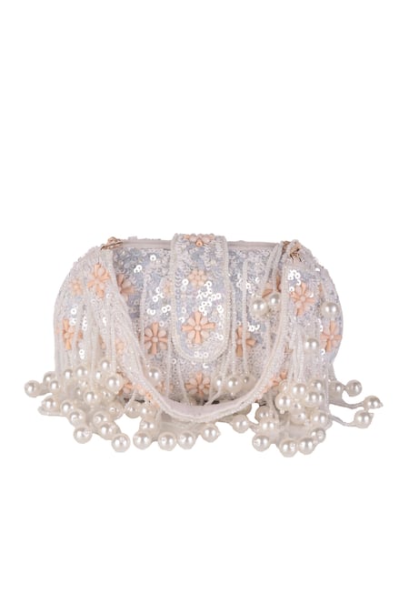 Nazaakat By Samara Singh_Silver Sequins, Beads, Pearls, Fabric Flowers And Embellished Clutch With Handle _Online_at_Aza_Fashions