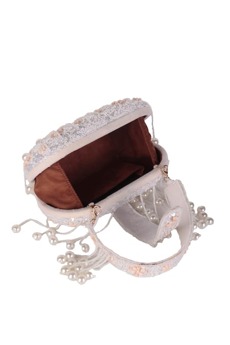 Shop_Nazaakat By Samara Singh_Silver Sequins, Beads, Pearls, Fabric Flowers And Embellished Clutch With Handle _Online_at_Aza_Fashions