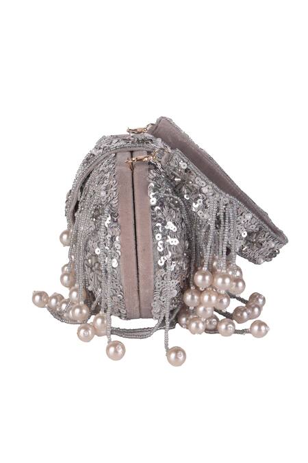 Shop_Nazaakat By Samara Singh_Silver Sequins, Beads, Pearls And Embellished Clutch Bag _Online_at_Aza_Fashions