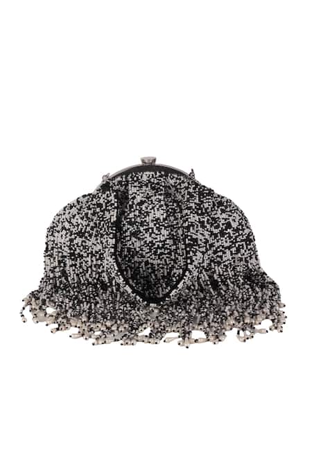 Shop_Nazaakat By Samara Singh_Black Beads, Tassels, Pearls Beaded Fringe Batua Bag With Detachable Handle _Online_at_Aza_Fashions