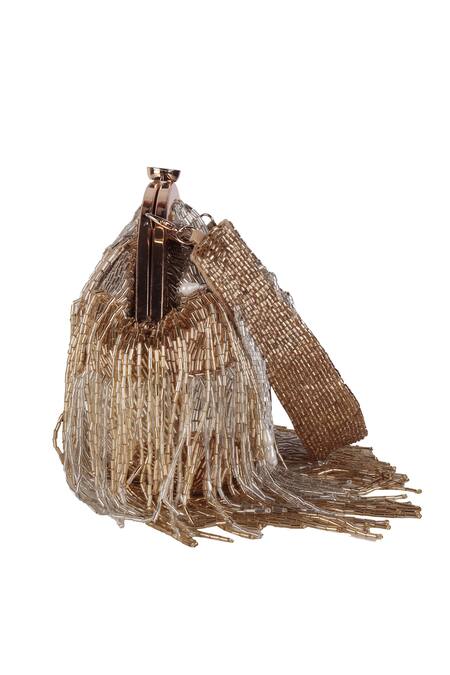 Buy_Nazaakat By Samara Singh_Gold Beads, Tassels Beaded Fringe Batua Bag With Detachable Handle _Online_at_Aza_Fashions