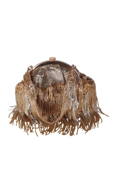 Shop_Nazaakat By Samara Singh_Gold Beads, Tassels Beaded Fringe Batua Bag With Detachable Handle _Online_at_Aza_Fashions