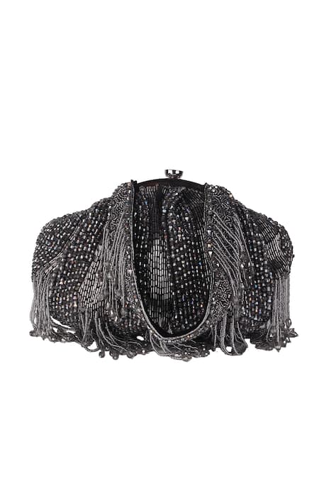 Buy_Nazaakat By Samara Singh_Gray Beads, Tassels Beaded Fringe Batua Bag With Detachable Handle _Online_at_Aza_Fashions