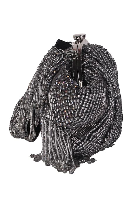 Shop_Nazaakat By Samara Singh_Gray Beads, Tassels Beaded Fringe Batua Bag With Detachable Handle _Online_at_Aza_Fashions