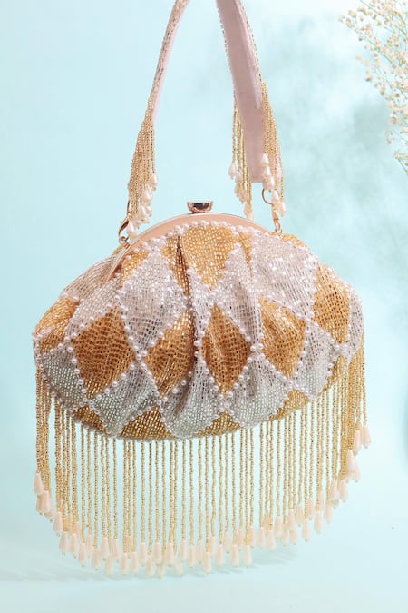Nazaakat By Samara Singh Gold Beads, Pearls, Tassels Beaded Diamond Pattern Batua Bag 