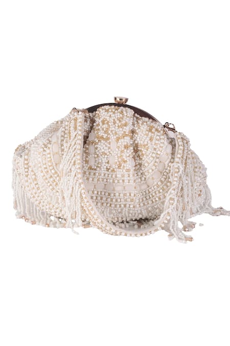Nazaakat By Samara Singh_White Beads, Tassels, Sequins Beaded Batua Bag With Detachable Handle _Online_at_Aza_Fashions