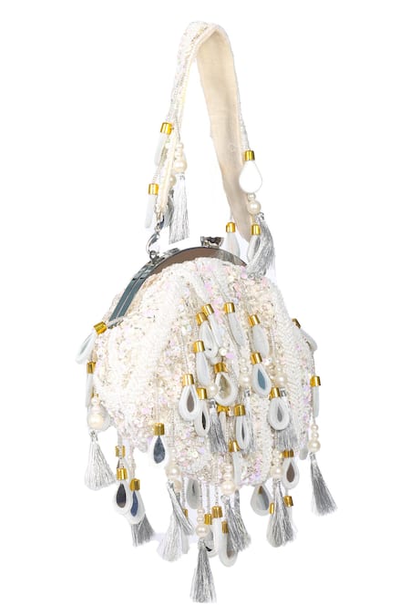 Nazaakat By Samara Singh_Silver Sequins, Beads, Pearls, Mirrors, Sequin, And Embellished Batua Bag _at_Aza_Fashions