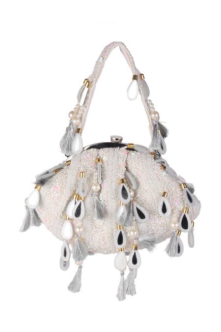 Shop_Nazaakat By Samara Singh_Silver Sequins, Beads, Pearls, Mirrors, Sequin, And Embellished Batua Bag 