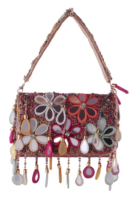 Shop Nazaakat By Samara Singh Pink Beads, Mirrors, Applique Floral And Embellished Flap Bag Online at Aza Fashions Shop_Nazaakat By Samara Singh_Pink Beads, Mirrors, Applique Floral And Embellished Flap Bag _Online_at_Aza_Fashions