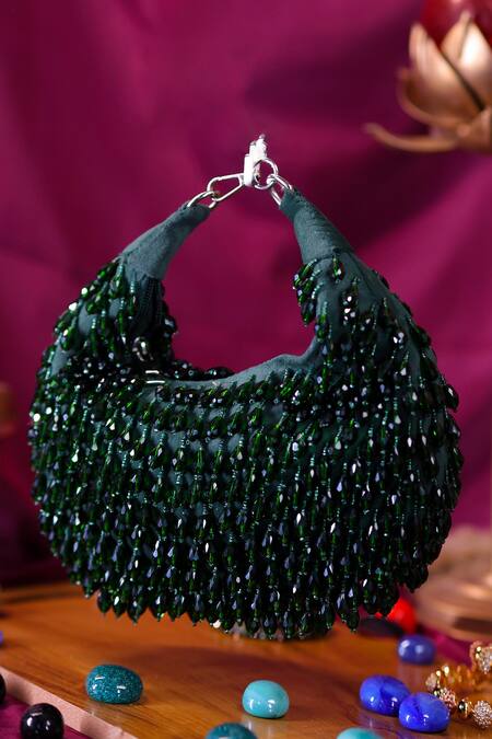 Nazaakat By Samara Singh_Green Beads Embellished Clutch With Detachable Handle _at_Aza_Fashions