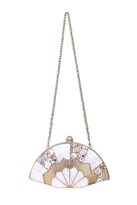 Nazaakat By Samara Singh Fan Shape Stone & Pearl Embellished Clutch 