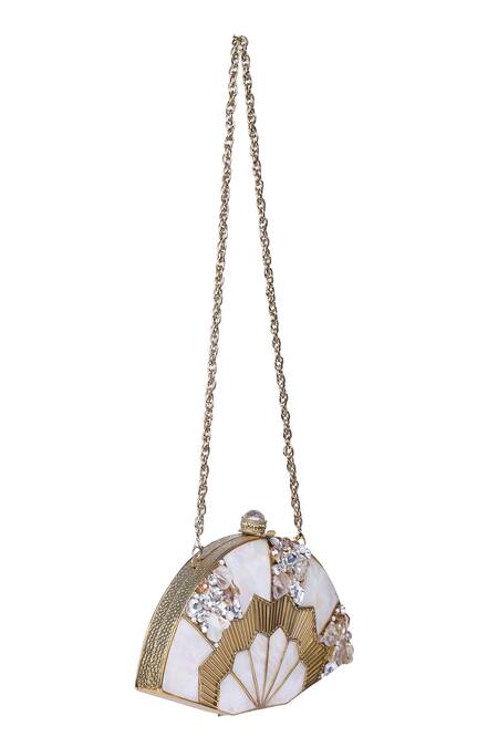Buy_Nazaakat By Samara Singh_White Beads, Crystals, Pearls, Stones Fan Shape And Embellished Clutch _Online_at_Aza_Fashions