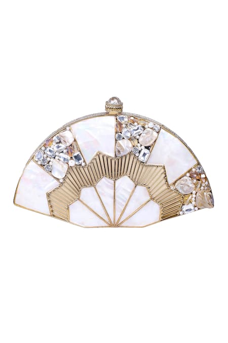 Shop_Nazaakat By Samara Singh_White Beads, Crystals, Pearls, Stones Fan Shape And Embellished Clutch _Online_at_Aza_Fashions