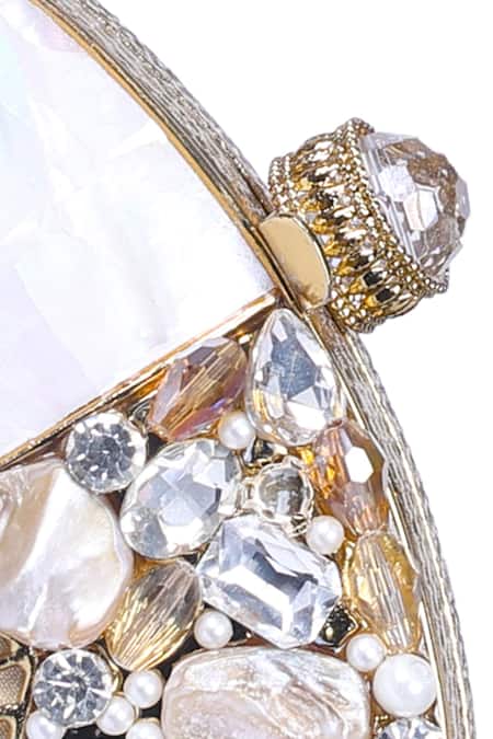 Shop_Nazaakat By Samara Singh_White Beads, Crystals, Pearls, Stones Fan Shape And Embellished Clutch 
