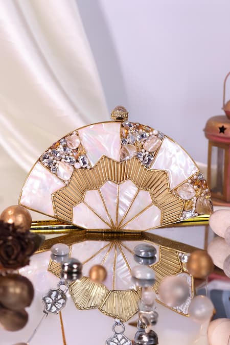 Nazaakat By Samara Singh Fan Shape Stone & Pearl Embellished Clutch 