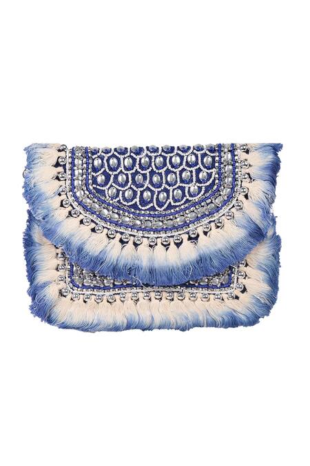 Shop Nazaakat By Samara Singh Blue Beads, Stones, Fringe Embellished And Beaded Flap Clutch Shop_Nazaakat By Samara Singh_Blue Beads, Stones, Fringe Embellished And Beaded Flap Clutch