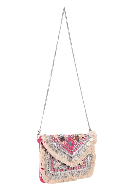 Shop Nazaakat By Samara Singh Pink Beads, Mirrors, Fringe, Sequins Beaded And Coin Embellished Boho Bag Online at Aza Fashions Shop_Nazaakat By Samara Singh_Pink Beads, Mirrors, Fringe, Sequins Beaded And Coin Embellished Boho Bag _Online_at_Aza_Fashions