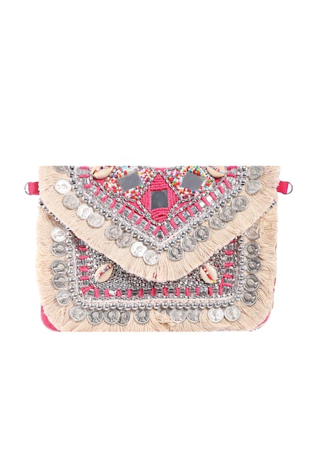 Shop Nazaakat By Samara Singh Pink Beads, Mirrors, Fringe, Sequins Beaded And Coin Embellished Boho Bag Shop_Nazaakat By Samara Singh_Pink Beads, Mirrors, Fringe, Sequins Beaded And Coin Embellished Boho Bag