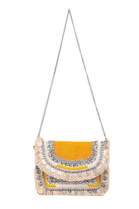 Nazaakat By Samara Singh Yellow Stones, Beads, Fringe Coin And Embellished Boho Bag Online at Aza Fashions Nazaakat By Samara Singh_Yellow Stones, Beads, Fringe Coin And Embellished Boho Bag _Online_at_Aza_Fashions