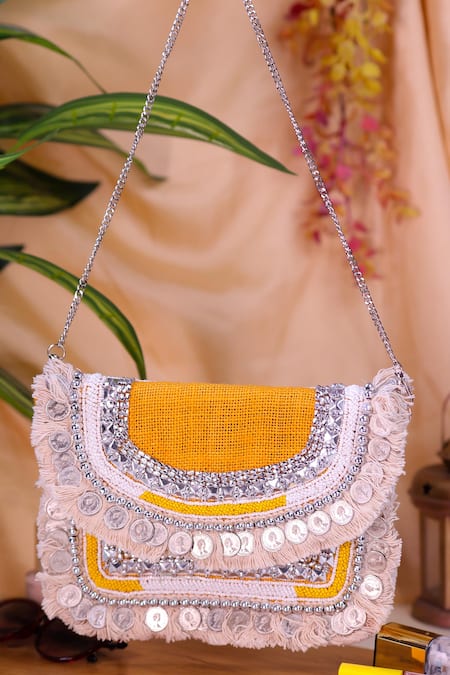 Nazaakat By Samara Singh Yellow Stones, Beads, Fringe Coin And Embellished Boho Bag 
