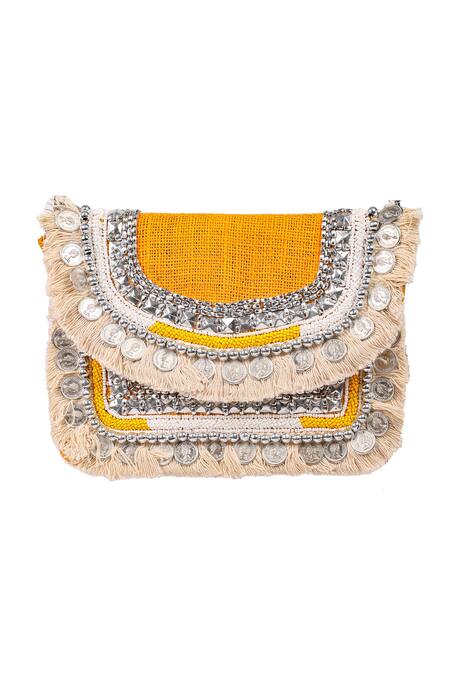 Shop Nazaakat By Samara Singh Yellow Stones, Beads, Fringe Coin And Embellished Boho Bag Shop_Nazaakat By Samara Singh_Yellow Stones, Beads, Fringe Coin And Embellished Boho Bag