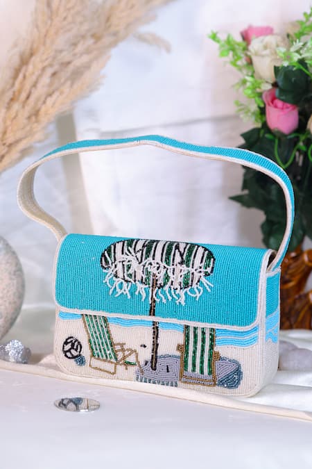 Shop_Nazaakat By Samara Singh_Blue Beads Beach Scene Shoulder Bag 