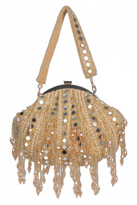 Shop Nazaakat By Samara Singh Gold Beads, Pearls, Mirrors, Tassels And Embellished Batua Bag Shop_Nazaakat By Samara Singh_Gold Beads, Pearls, Mirrors, Tassels And Embellished Batua Bag