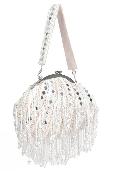 Nazaakat By Samara Singh White Beads, Mirrors, Pearls, Tassels And Embellished Batua Bag at Aza Fashions Nazaakat By Samara Singh_White Beads, Mirrors, Pearls, Tassels And Embellished Batua Bag _at_Aza_Fashions