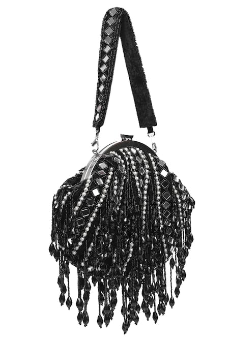 Shop Nazaakat By Samara Singh Black Beads, Mirrors, Tassels And Pearl Embellished Batua Bag Shop_Nazaakat By Samara Singh_Black Beads, Mirrors, Tassels And Pearl Embellished Batua Bag