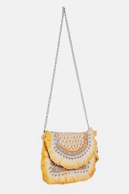 Buy_Nazaakat By Samara Singh_Yellow Beads, Stones, Fringe Embellished Boho Bag With Chain Strap _Online_at_Aza_Fashions