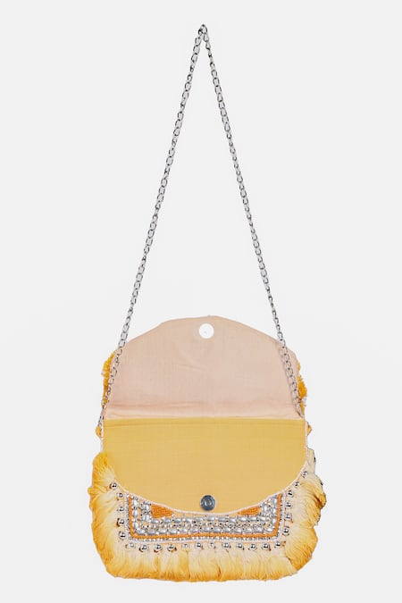 Nazaakat By Samara Singh_Yellow Beads, Stones, Fringe Embellished Boho Bag With Chain Strap _at_Aza_Fashions